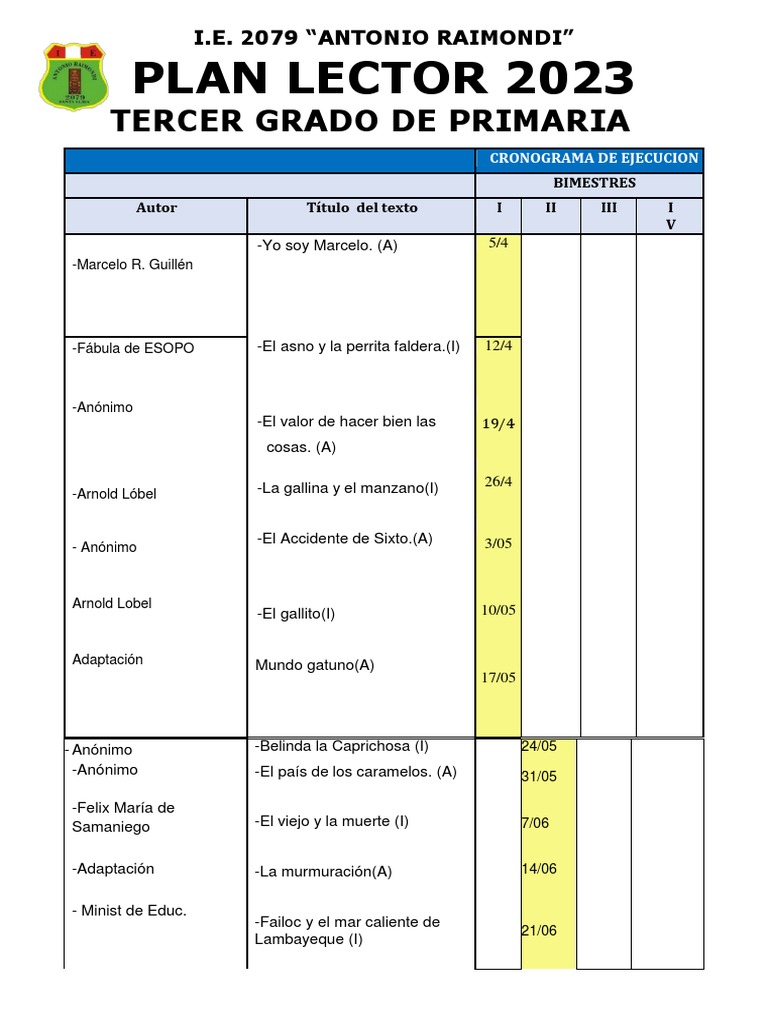Plan Lector 2023 para Tercer Grado | PDF