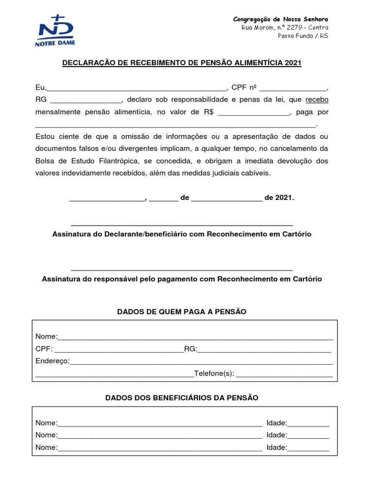 Declaração de Pensão Alimentícia 2021 | PDF