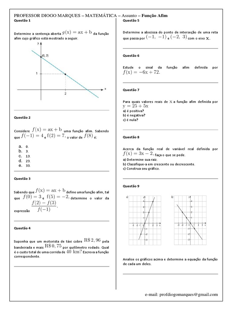Lista Exercícios Função Afim | PDF | Função (Matemática) | Matemática