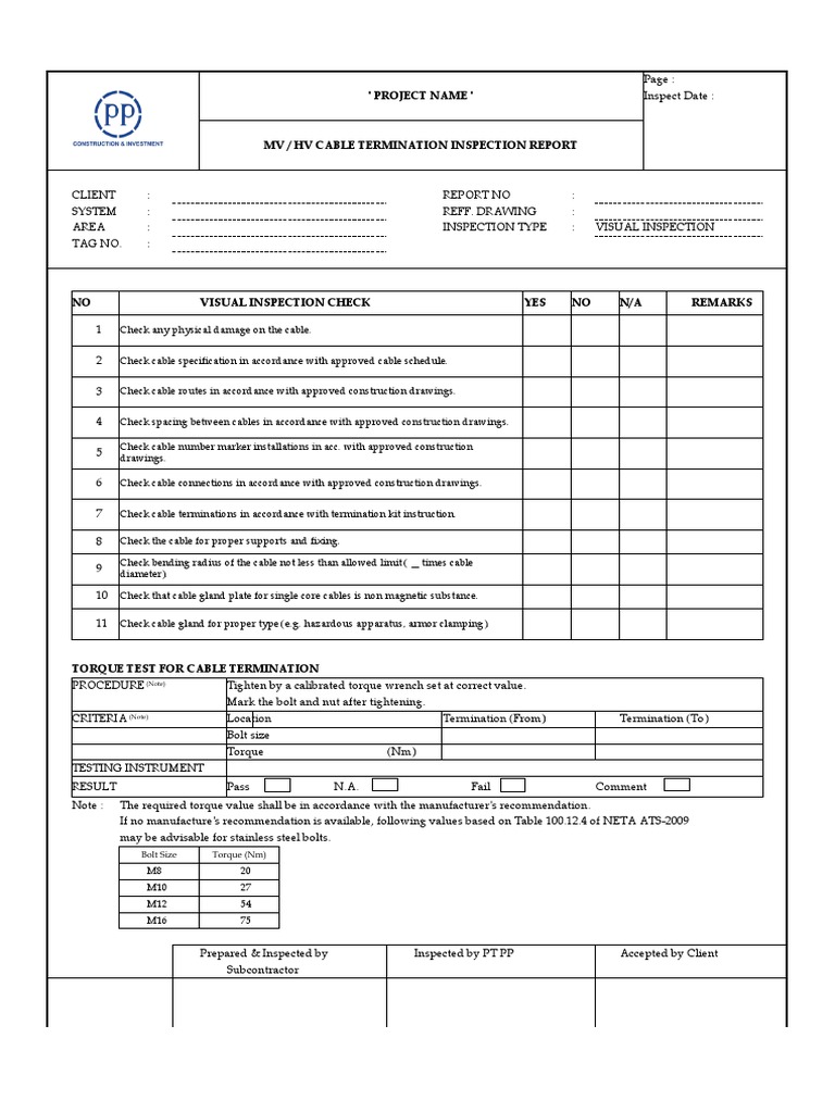 HV Cable Termination Inspection Report | PDF | Screw | Equipment
