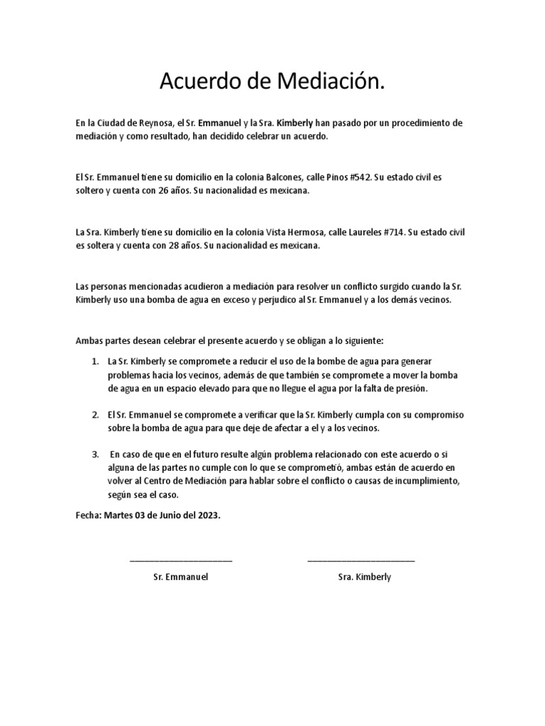 Acuerdo de Mediacion | PDF