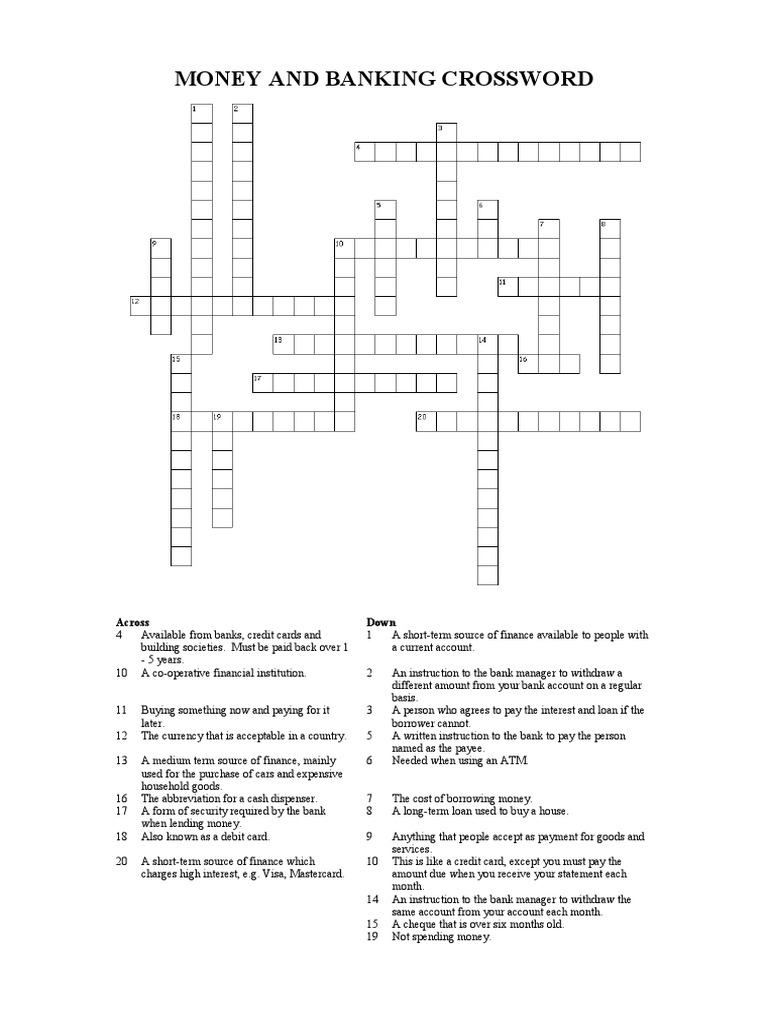 Money and Banking Crossword PDF