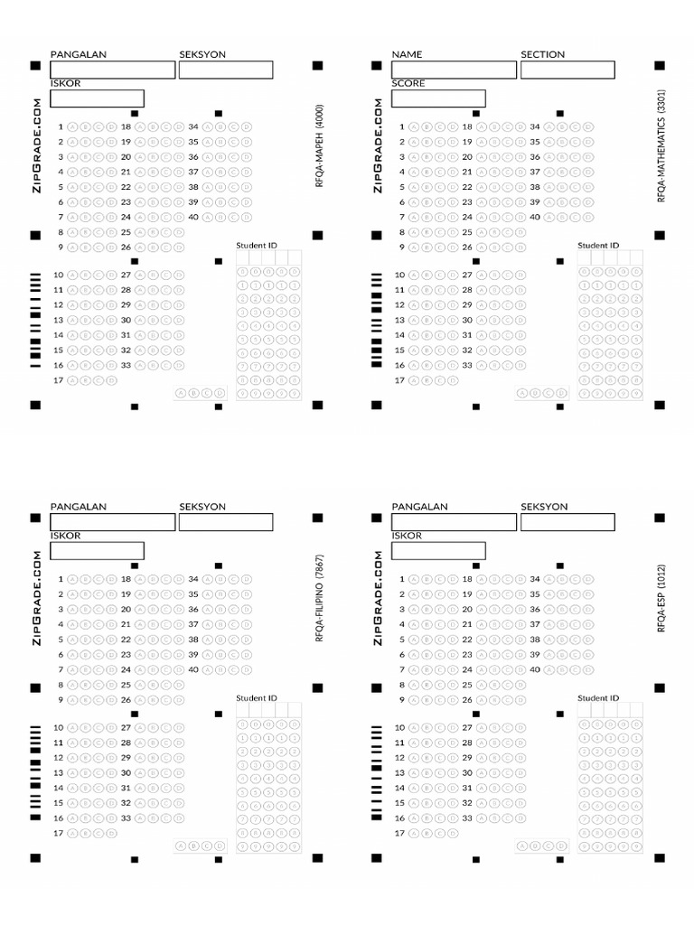 zip grade answer sheet PDF