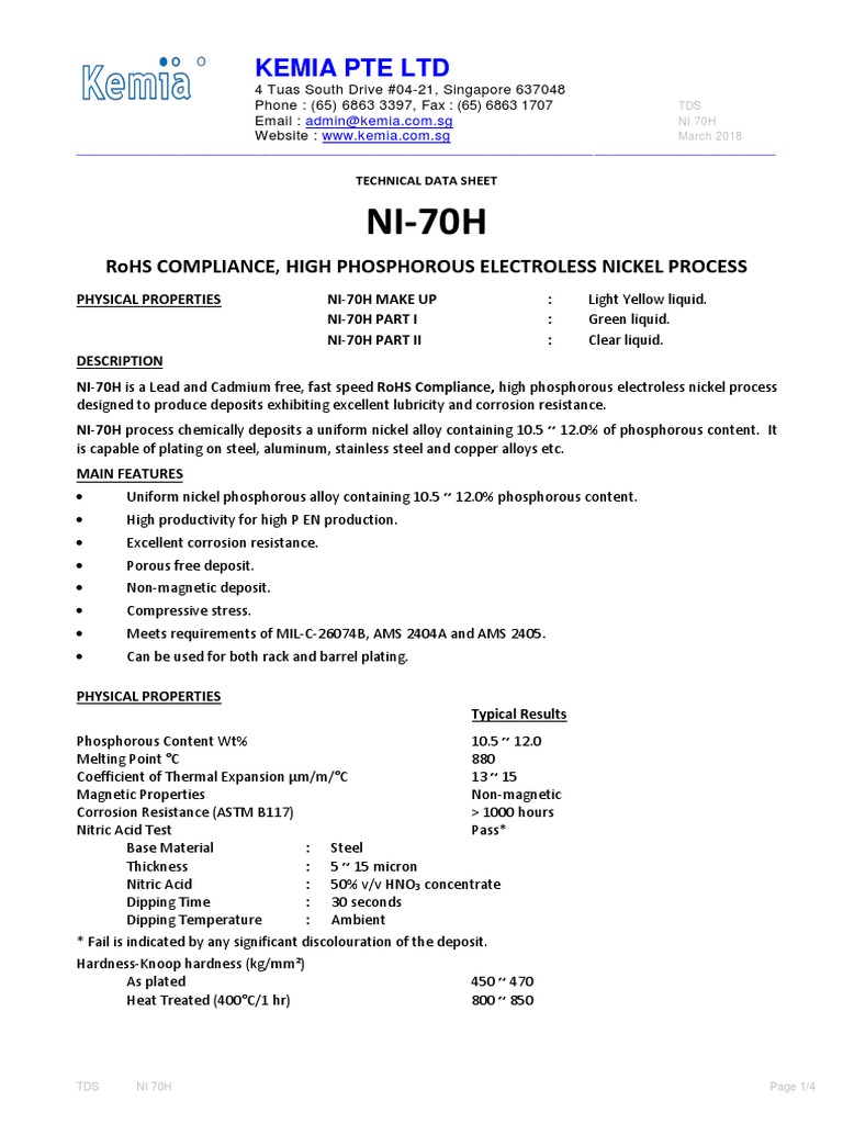 Kemia Pte LTD: Rohs Compliance, High Phosphorous Electroless Nickel ...