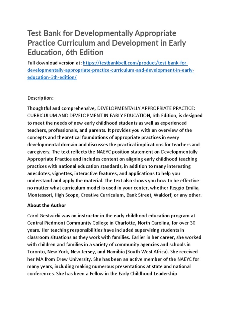 Test Bank For Developmentally Appropriate Practice Curriculum and