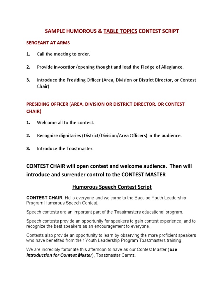 Humorous Speech Contest Script | PDF | Applause