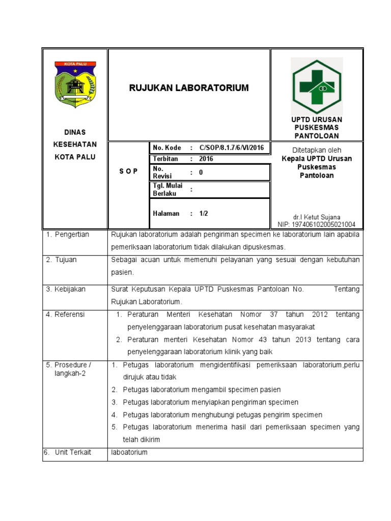 SOP Rujukan Laboratorium Puskesmas Pantoloan | PDF