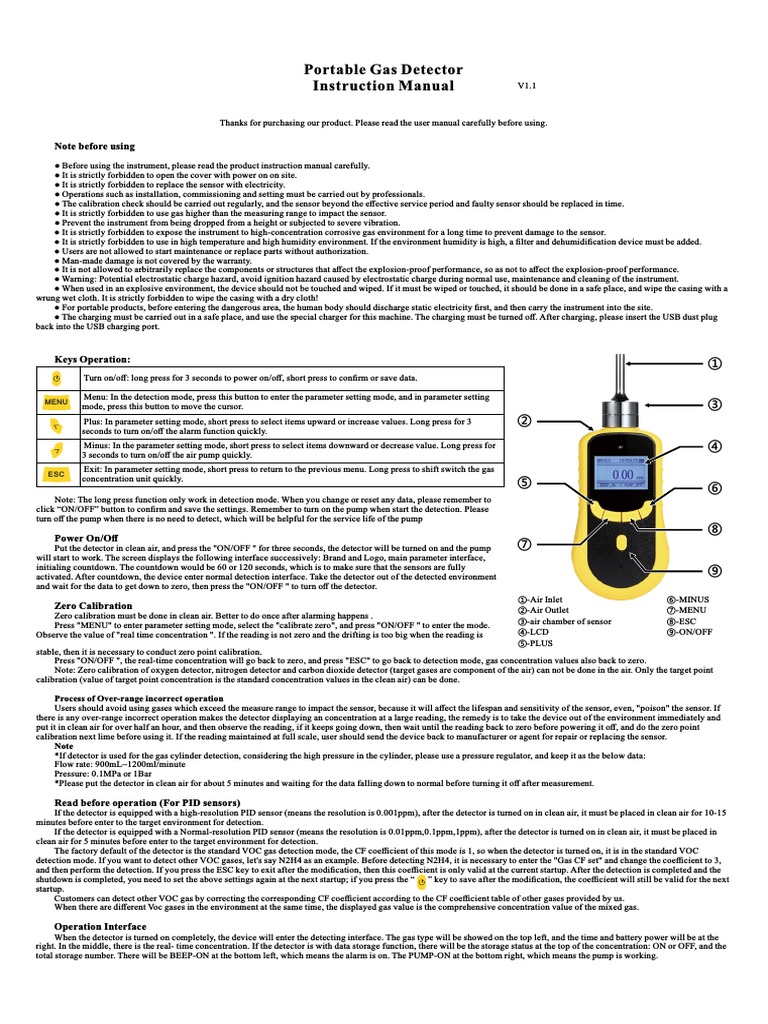 Portable Gas Detector Manual | PDF | Sensor | Calibration