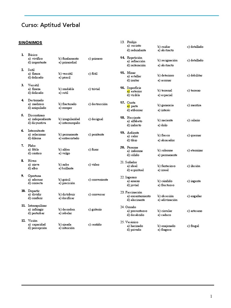 APTITUD VERBALADESVER2305 SINONIMOS Claves PDF