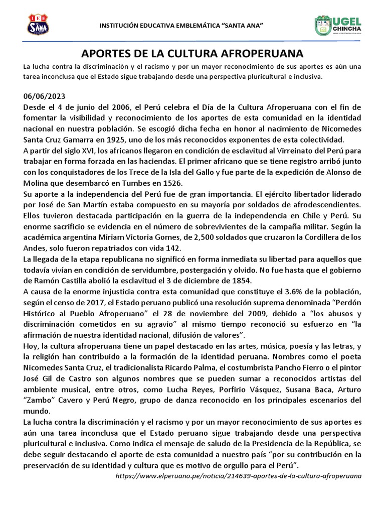 Aportes de la Cultura Afroperuana | PDF | Perú | Esclavitud