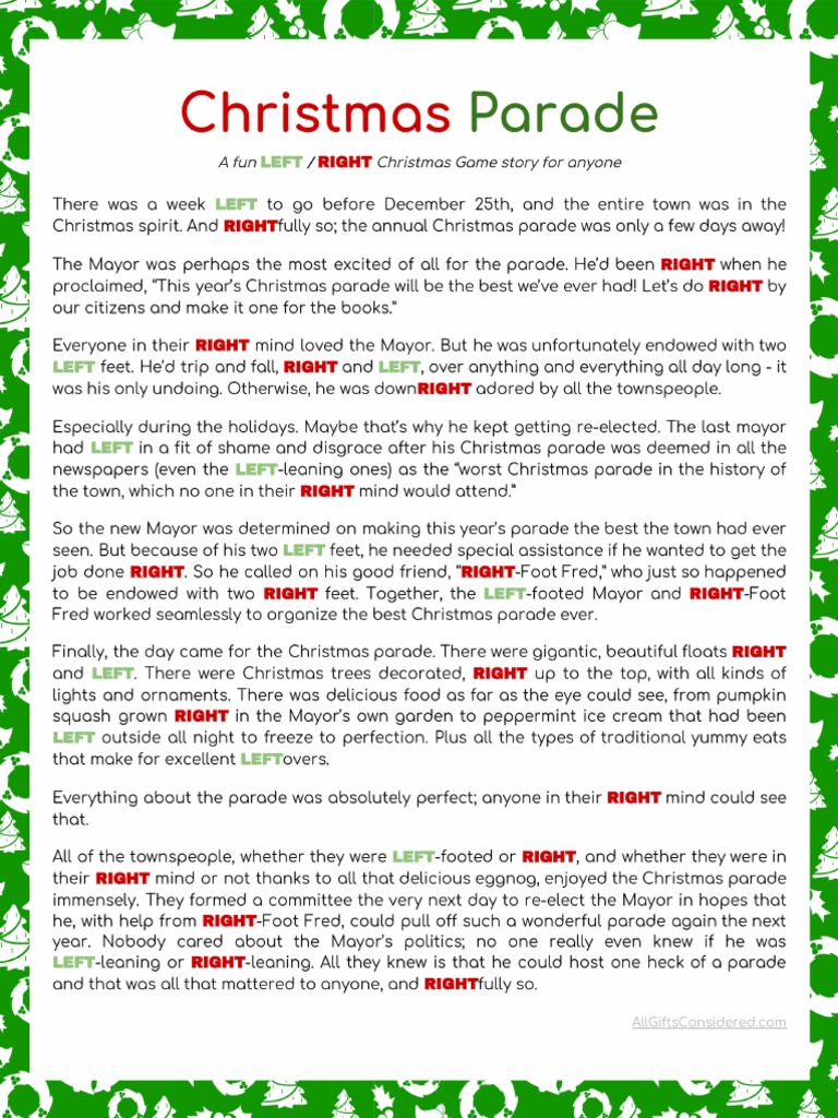 Left Right Game Gift Exchange Story Free Printable Christmas Parade | PDF for Left Right Game Free Printable