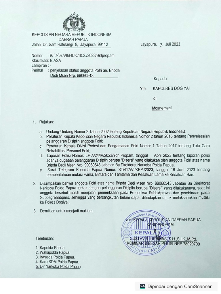 Penjelasan Status Bripda Dedi Msen (Pindahan DR Dit Narkoba Polda Papua ...