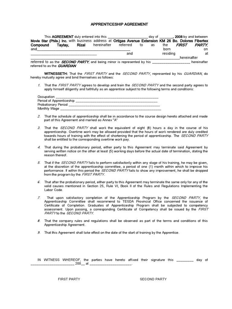 APPRENTICESHIP AGREEMENT Tesda | PDF | Apprenticeship | Overtime