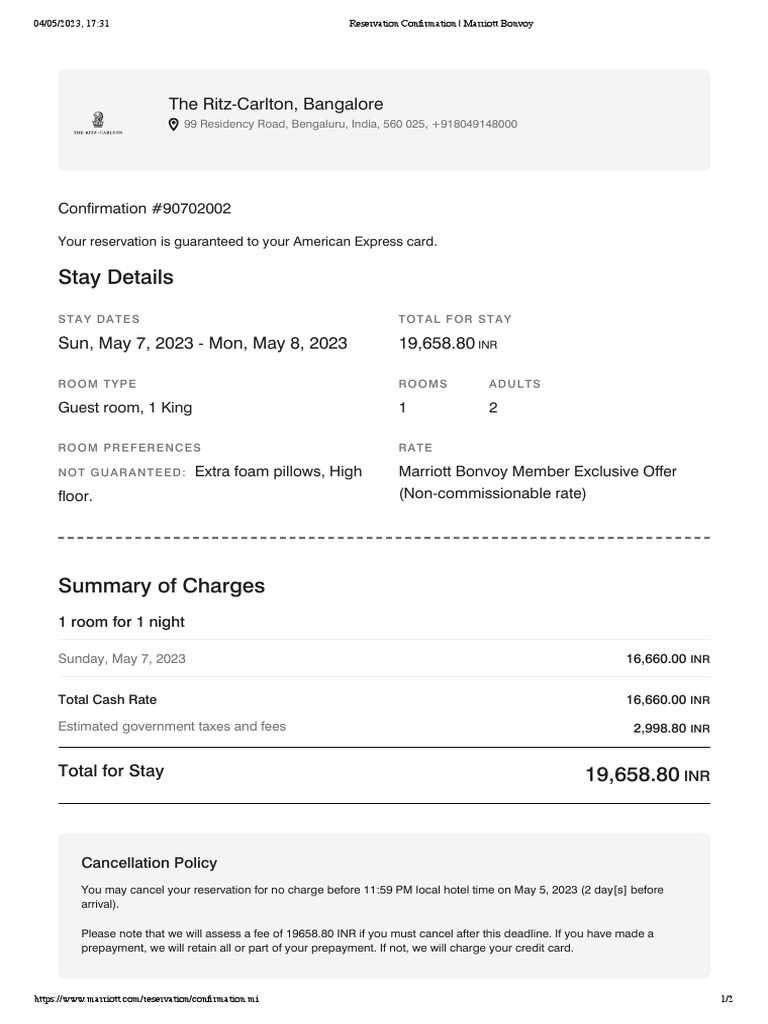 Marriott Bonvoy Reservation Confirmation | PDF