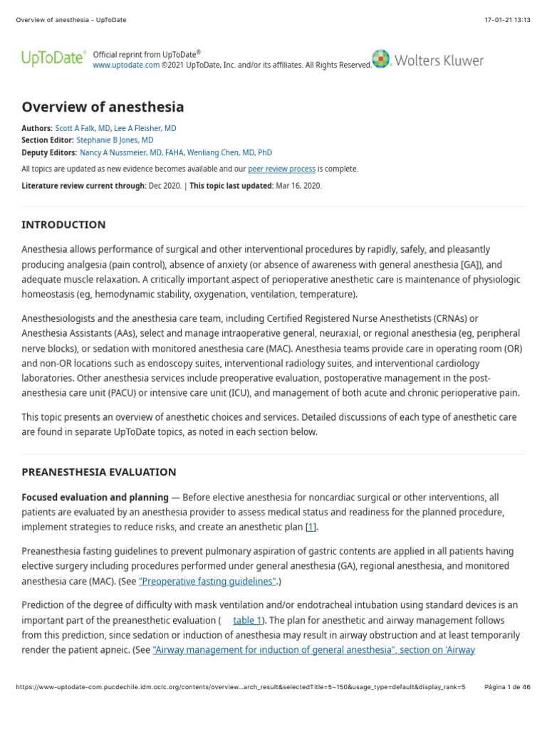 Overview of Anesthesia UpToDate PDF Anesthesia Surgery