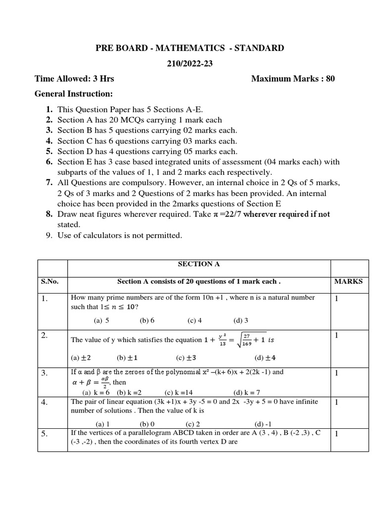 Mathematics Pre Board Exam 2022-23 | PDF | Sphere | Mathematics