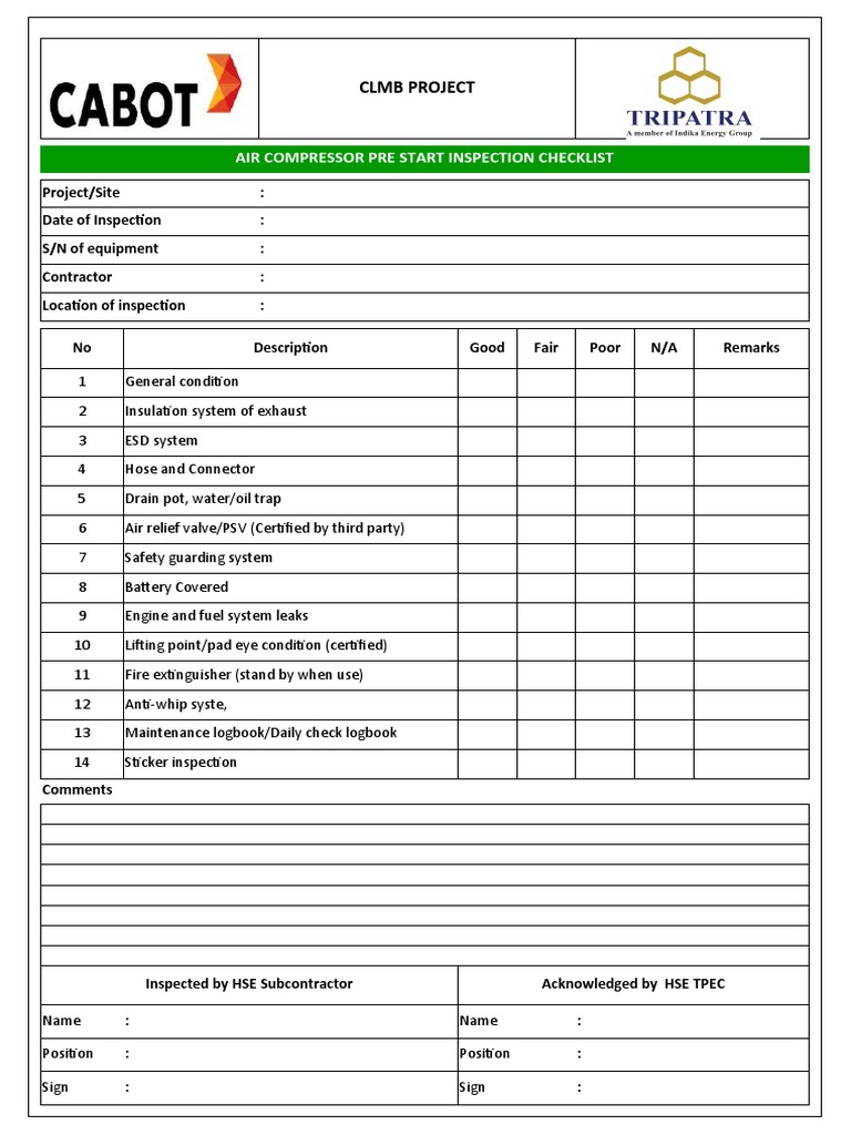 Air Compressor Pre-Start Checklist | PDF | Technology & Engineering