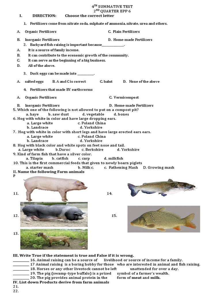 4th Quiz PDF Fertilizer Livestock