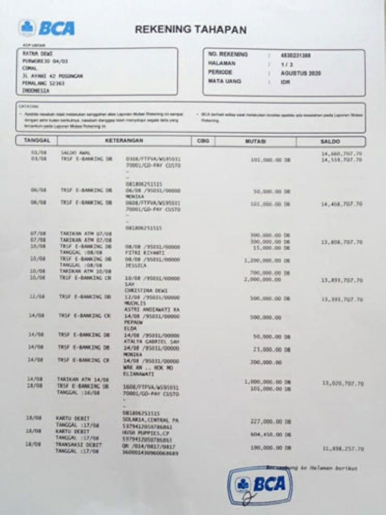 Rekening Koran BCA Asli PDF