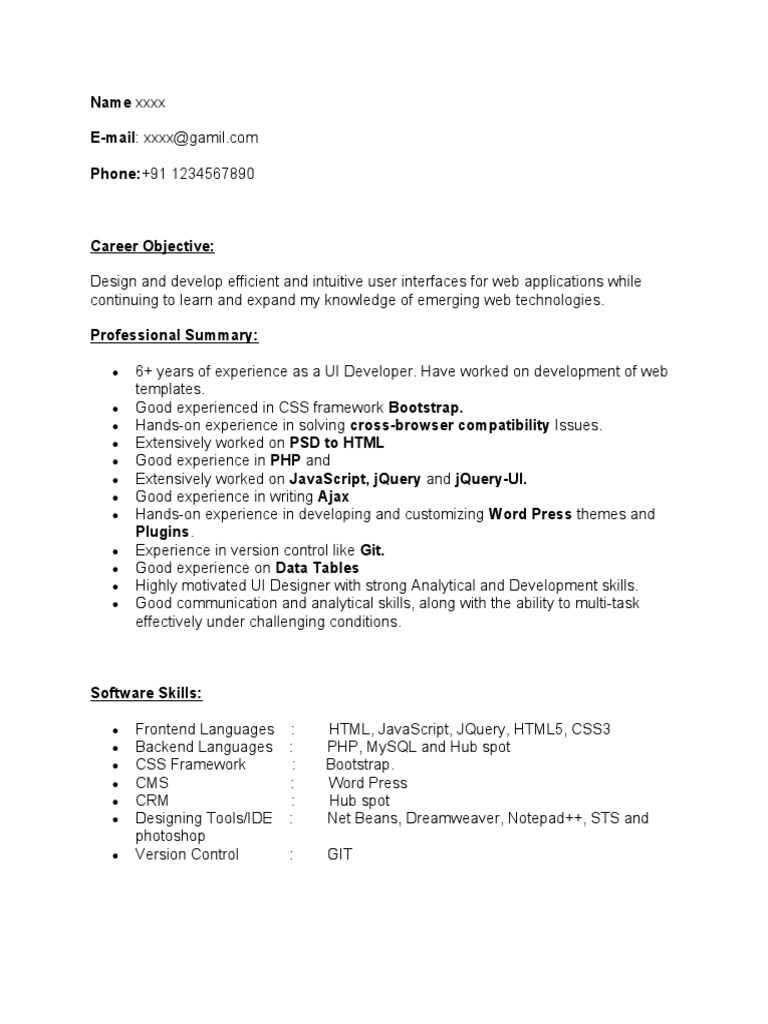 UI Developer Sample Resume | PDF | Word Press | World Wide Web