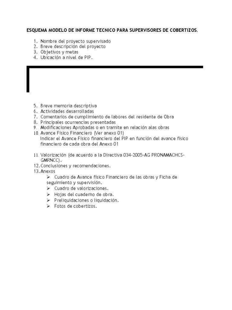 Esquema Modelo de Informe Tecnico para Supervisores de Cobertizos | PDF