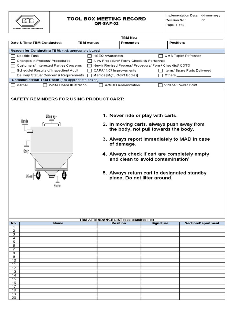 Toolbox Meeting Form Product Cart PDF