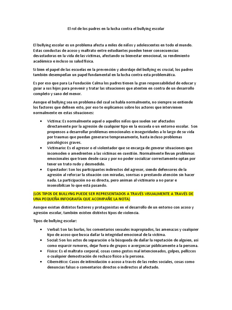 El Rol de Los Padres en La Lucha Contra El Bullying Escolar | PDF ...