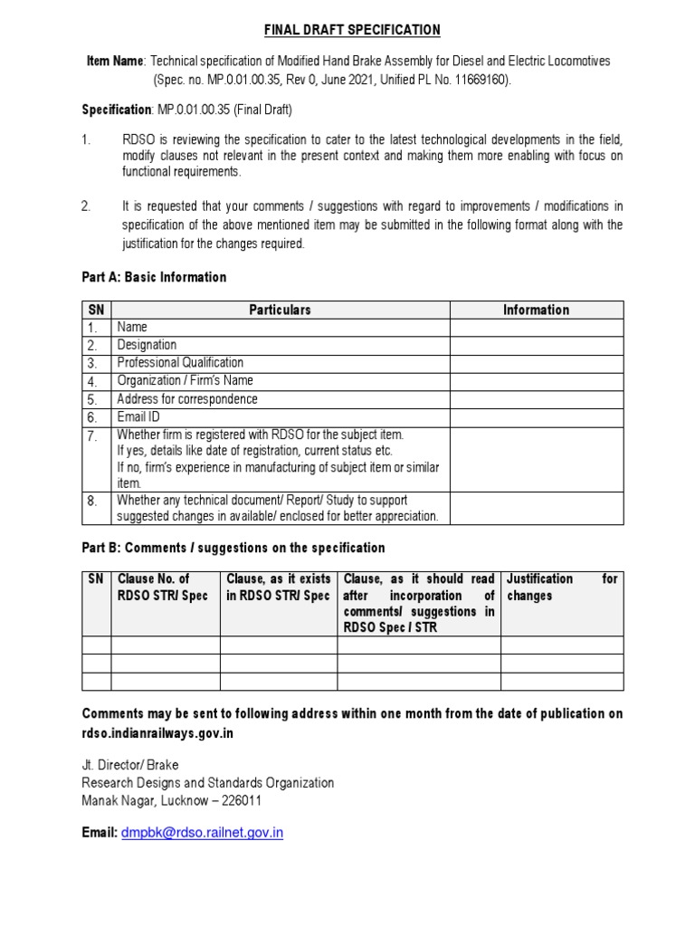 Wheel Type Hand Brake Rdso Letter | PDF | Specification (Technical ...