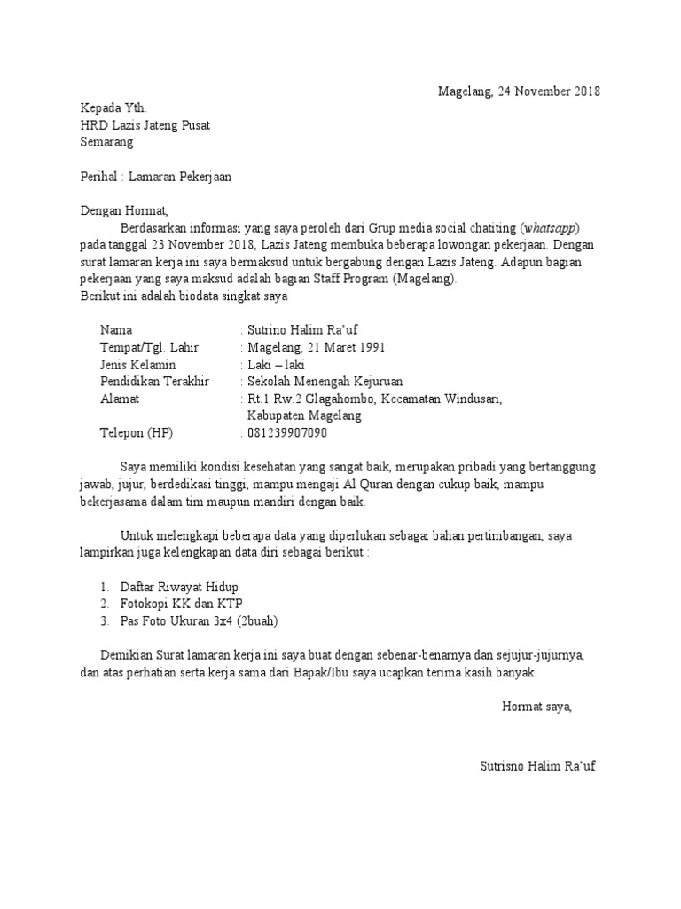 Contoh surat lamaran lazis | PDF