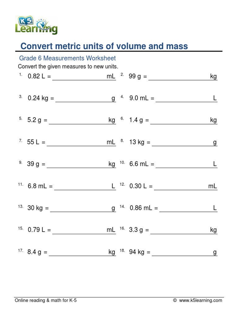 Grade 6 Conversion Metric Volume Mass Decimals e | Download Free PDF ...