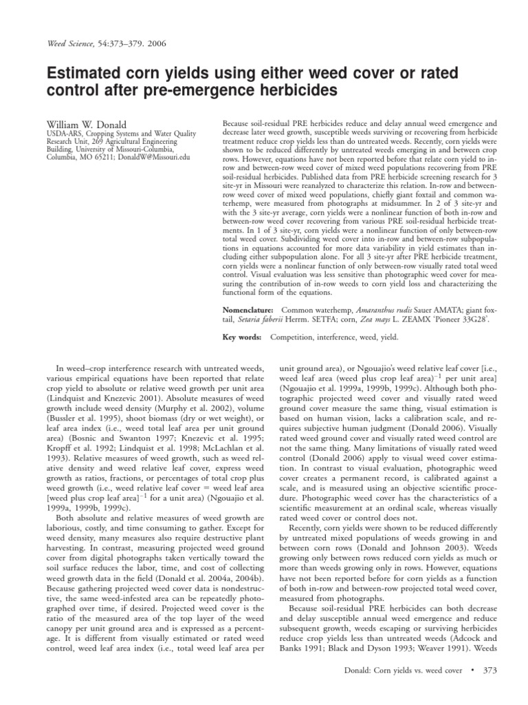 Estimated Corn Yields Using Either Weed Cover or Rated Control After