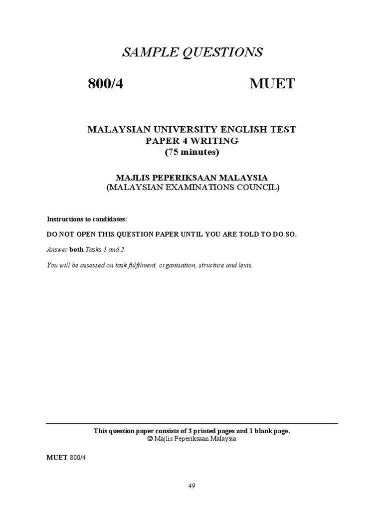 MUET Writing Sample Questions and Tasks | PDF