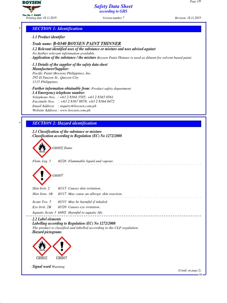 B0340 BOYSEN PAINT THINNER 1119 PDF Toxicity Dangerous Goods