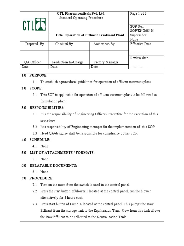 Effluent Treatment Plant SOP | PDF | Effluent | Ph