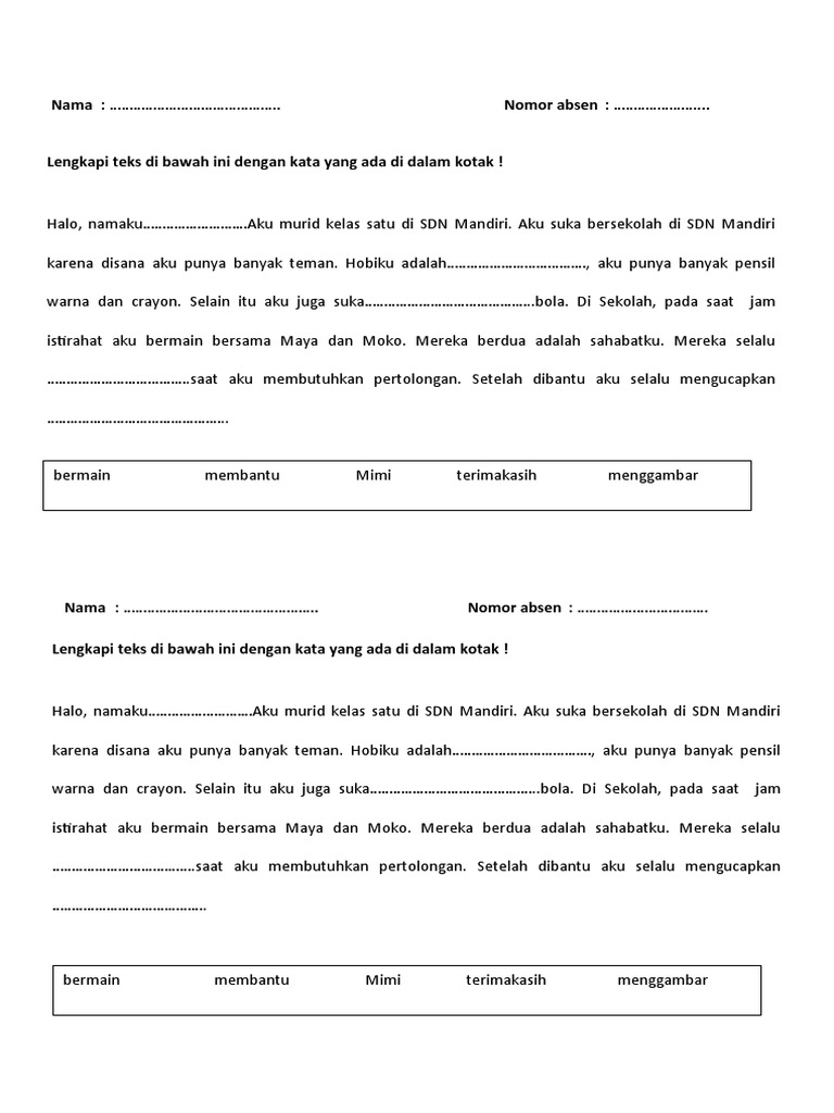 Contoh Soal Teks Rumpang Kelas 1 SD | PDF | Griya & Taman