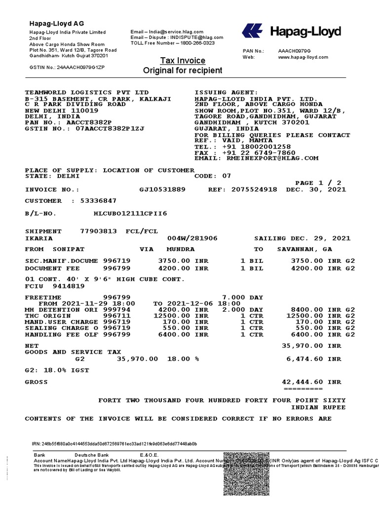 Hapag-Lloyd India Invoice Details | PDF