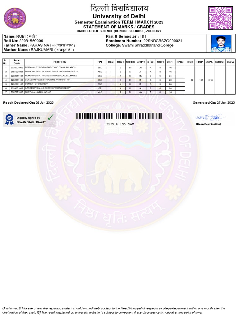DU Semester I Marks Statement | PDF | Academia