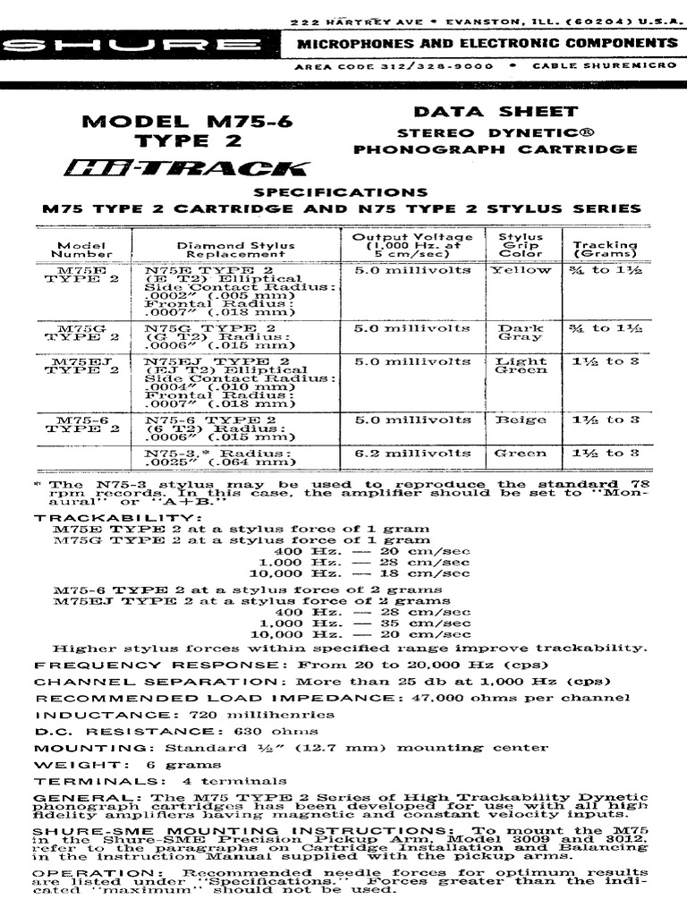 MODEL M75-6 Type 2: Data Sheet | PDF | Electronics | Sound Production