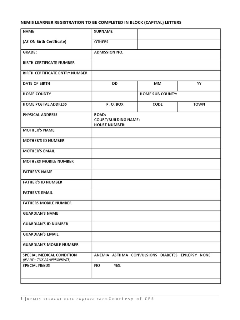 NEMIS Student Data Capture Form PDF
