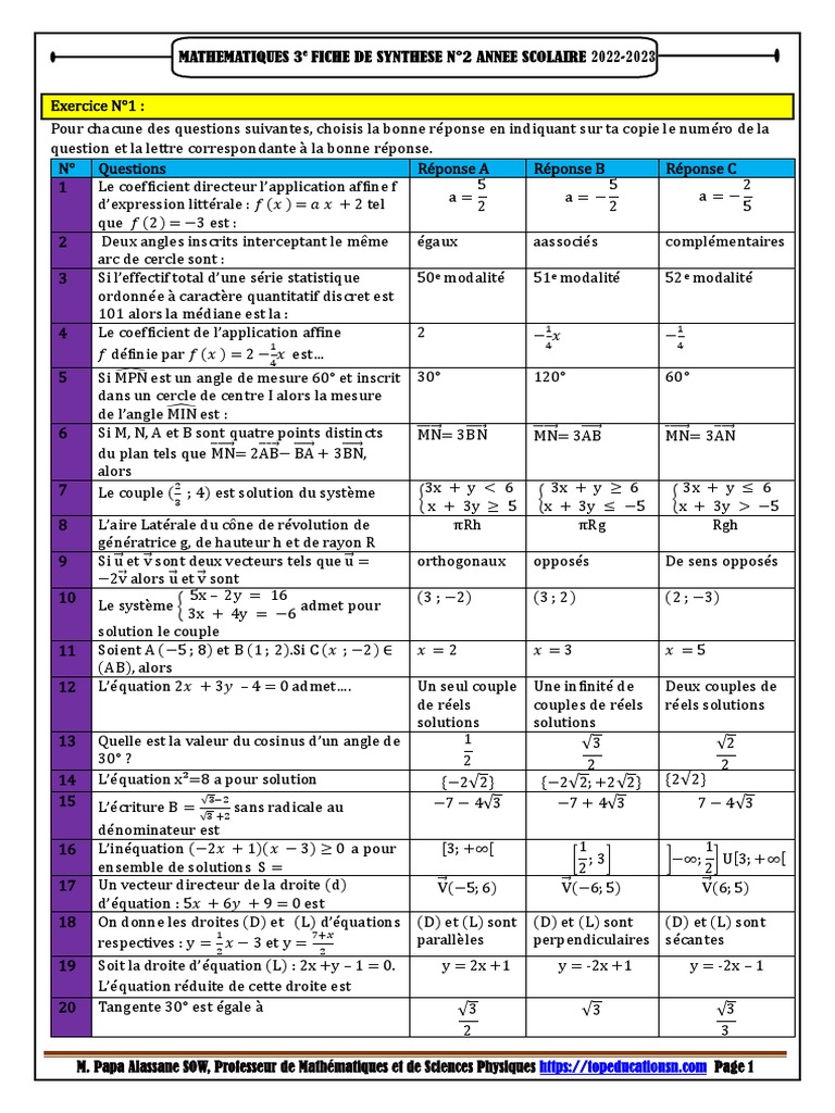 Épreuves BFEM 2023 : Mathématiques et Corrigés | PDF | Coordonnées ...
