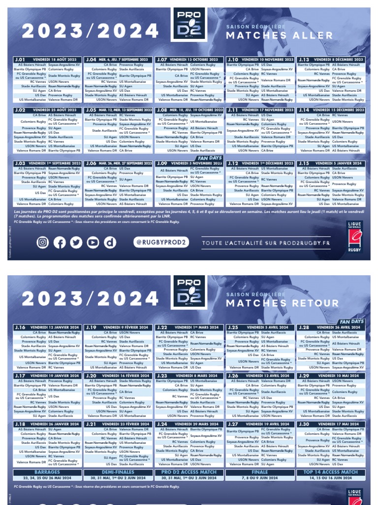 Calendrier Pro D2 2023-2024 | PDF | Rugby (sport) | Équipes de Rugby à XV