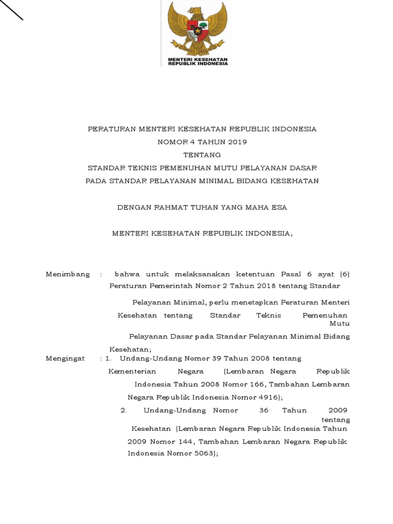 PMK No. 4 TH 2019 TTG Standar Teknis Pelayanan Dasar Pada Standar