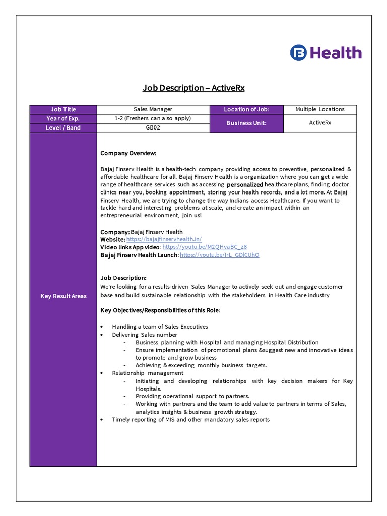 Job Description Sales Manager - ActiveRx (Multiple Locations) | PDF ...