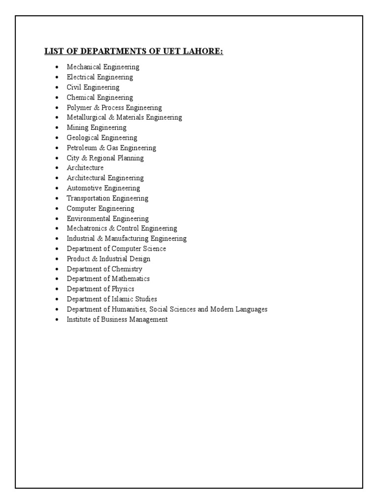 UET Lahore Departments Overview | PDF