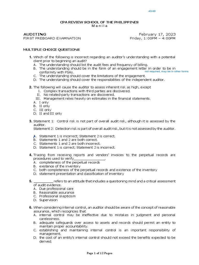 CPA Auditing Preboard Exam Questions | PDF | Financial Audit | Audit