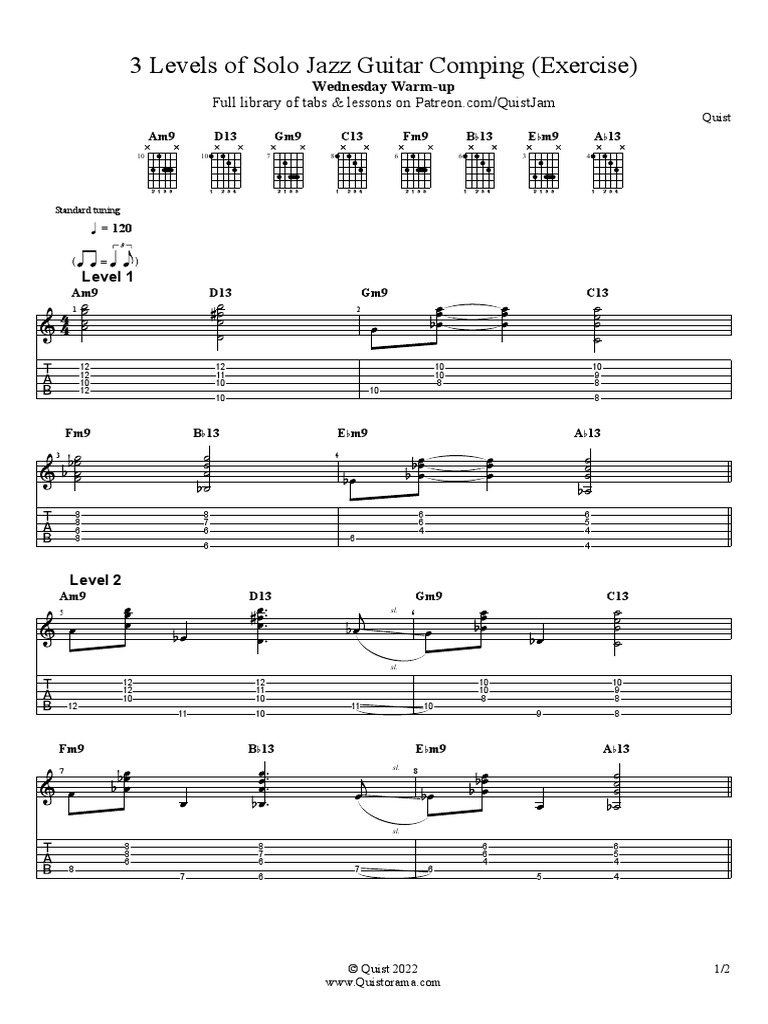 3 Levels of Solo Jazz Guitar Comping (Exercise) Wednesday Warmup Tab & Notation PDF