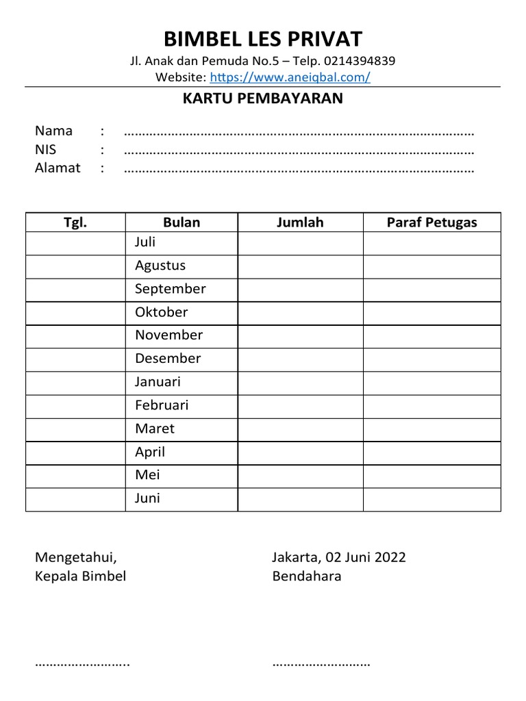 Contoh Kartu SPP Les Privat | PDF