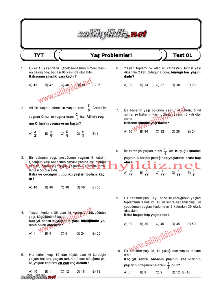 TYT Yas Problemleri TEST 01 | PDF