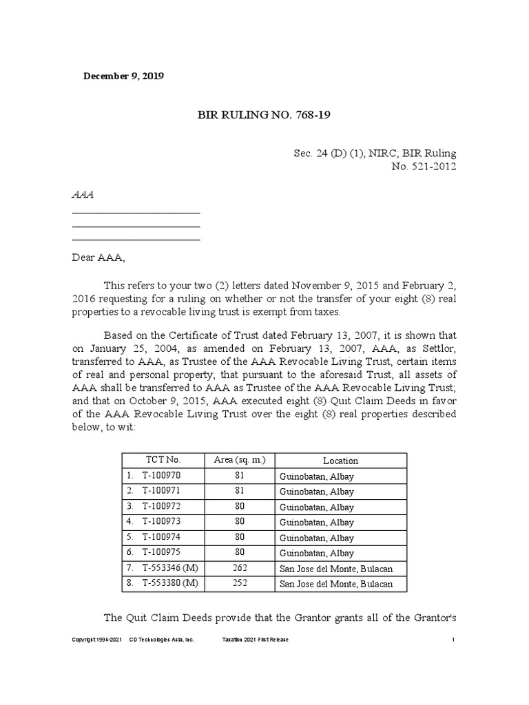 BIR Ruling - Transfer To A Trust | PDF | Trust Law | Taxes