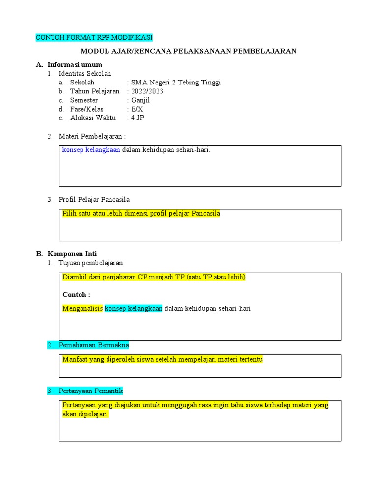 Format RPP Modifikasi SMA 2022/2023 | PDF
